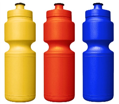 three water bottles Yellow, Orange, and Blue